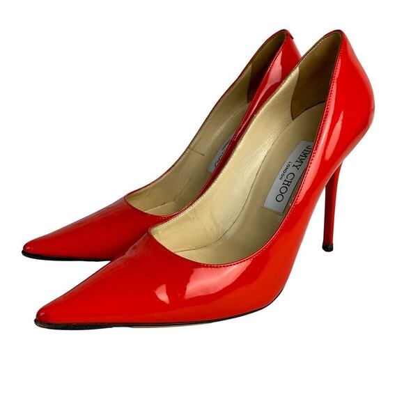 Jimmy Choo Heels Pumps Point Toe Stiletto Shoes Patent Leather Red 38 8 - Picture 1 of 15